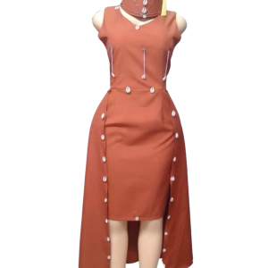 Rust High-Low Dress with Shell Accents and Matching Hat